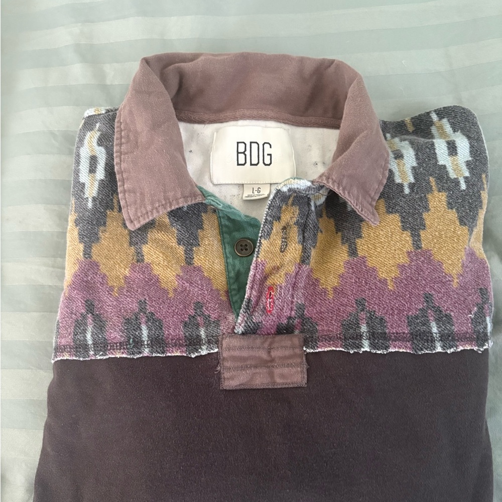 BDG Men's Shirt with Purple and Yellow Geometric Design.